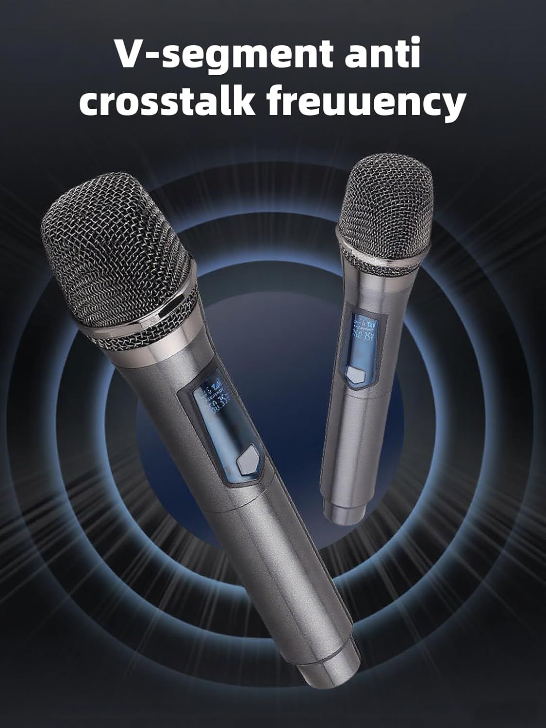 Communicates that the wireless microphones use V-segment anti crosstalk frequency technology to prevent interference between multiple microphones, reassuring…