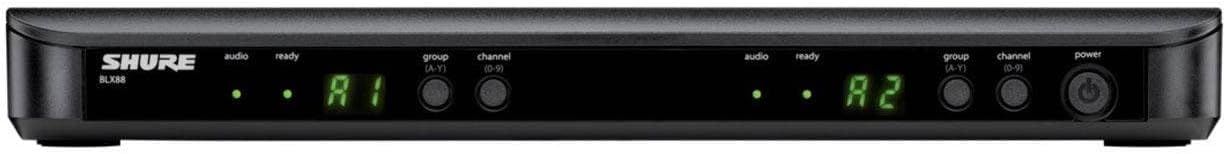 Shows the front panel interface of the Shure receiver with labeled controls and digital displays to help users understand the device's operational features…