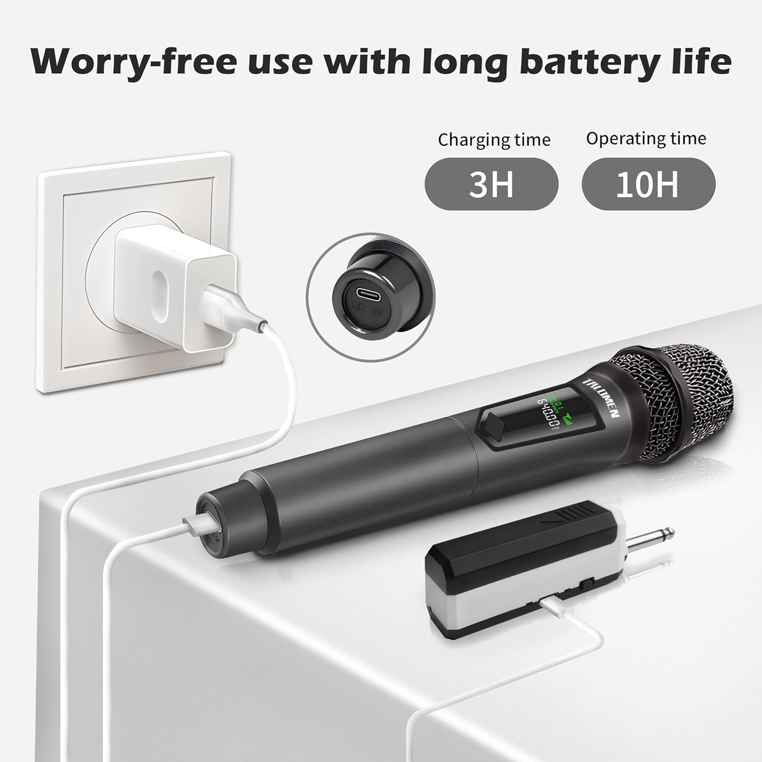 Communicates the convenience of extended battery performance with quick 3-hour charging and 10-hour operating time, reassuring shoppers they can use the…
