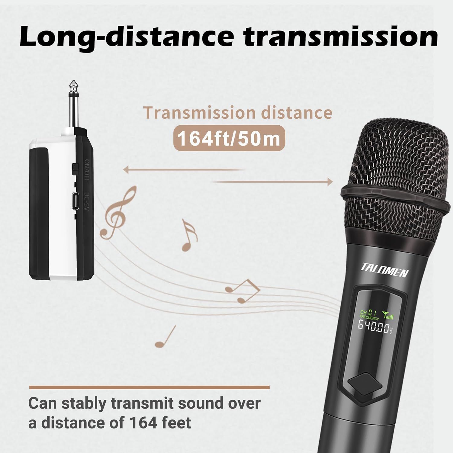Communicates that the wireless microphone can transmit sound stably over a distance of 164 feet (50 meters), reassuring shoppers about its range and…