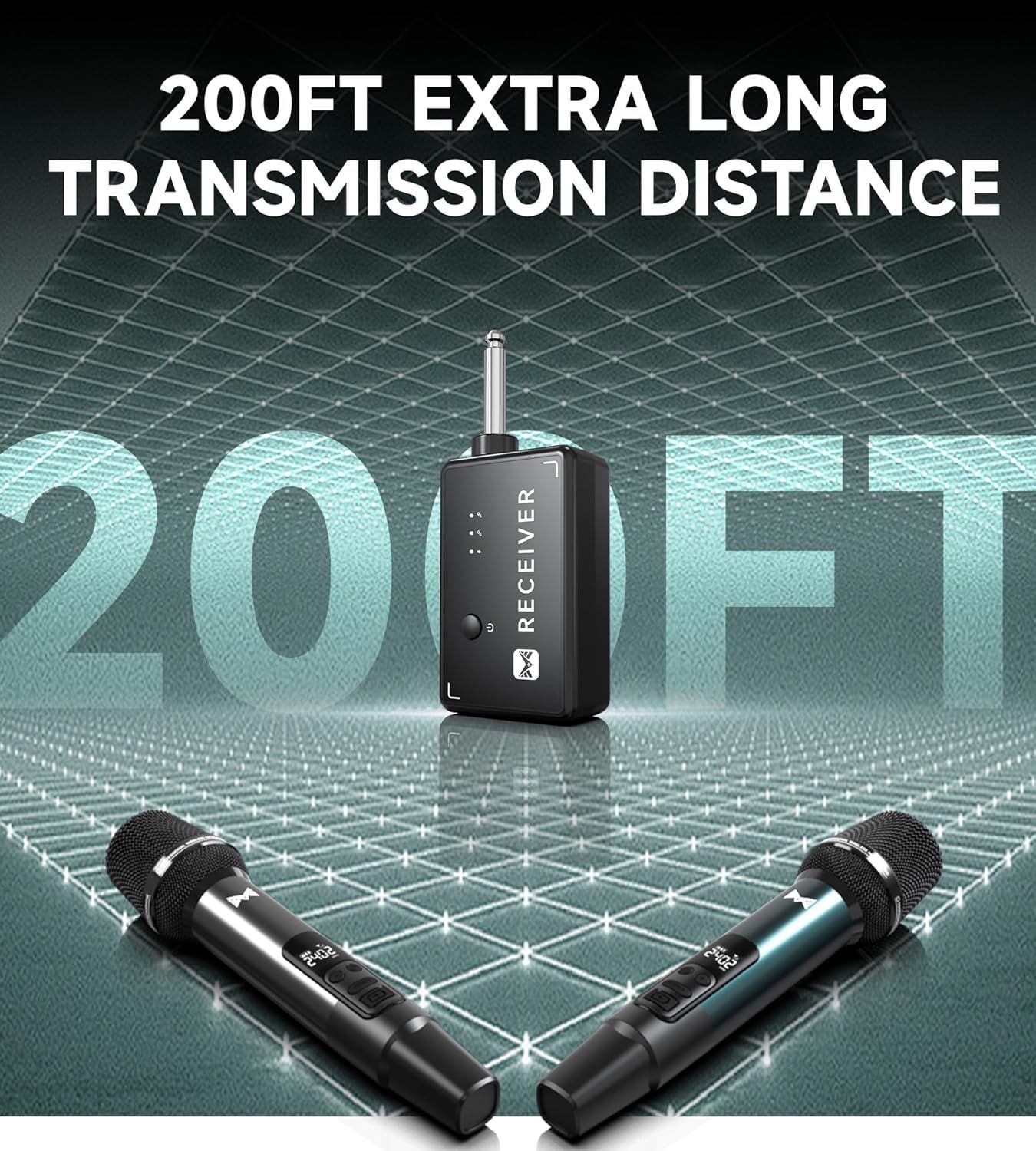Communicates the quantifiable benefit of extended wireless range (200 feet) to reassure shoppers that the wireless microphone system can operate over long distances.