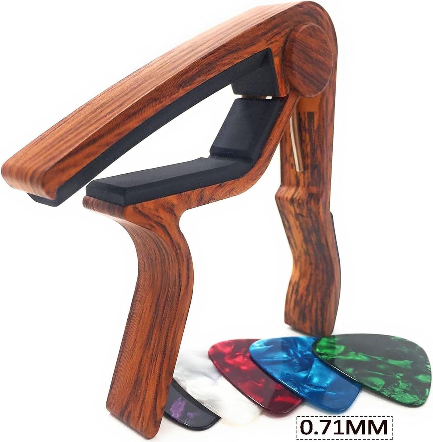 Shows the customer everything they receive with their purchase, including the wooden guitar capo and multiple colorful guitar picks, helping them understand…