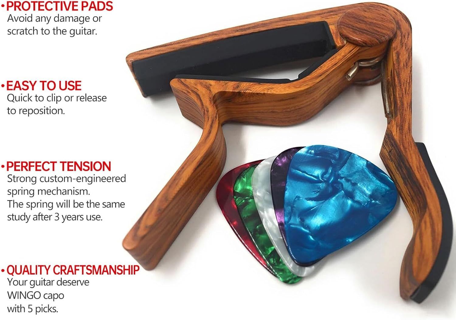 Showcases multiple key features of the guitar capo including protective padding, ease of use, spring tension durability, and quality craftsmanship to…