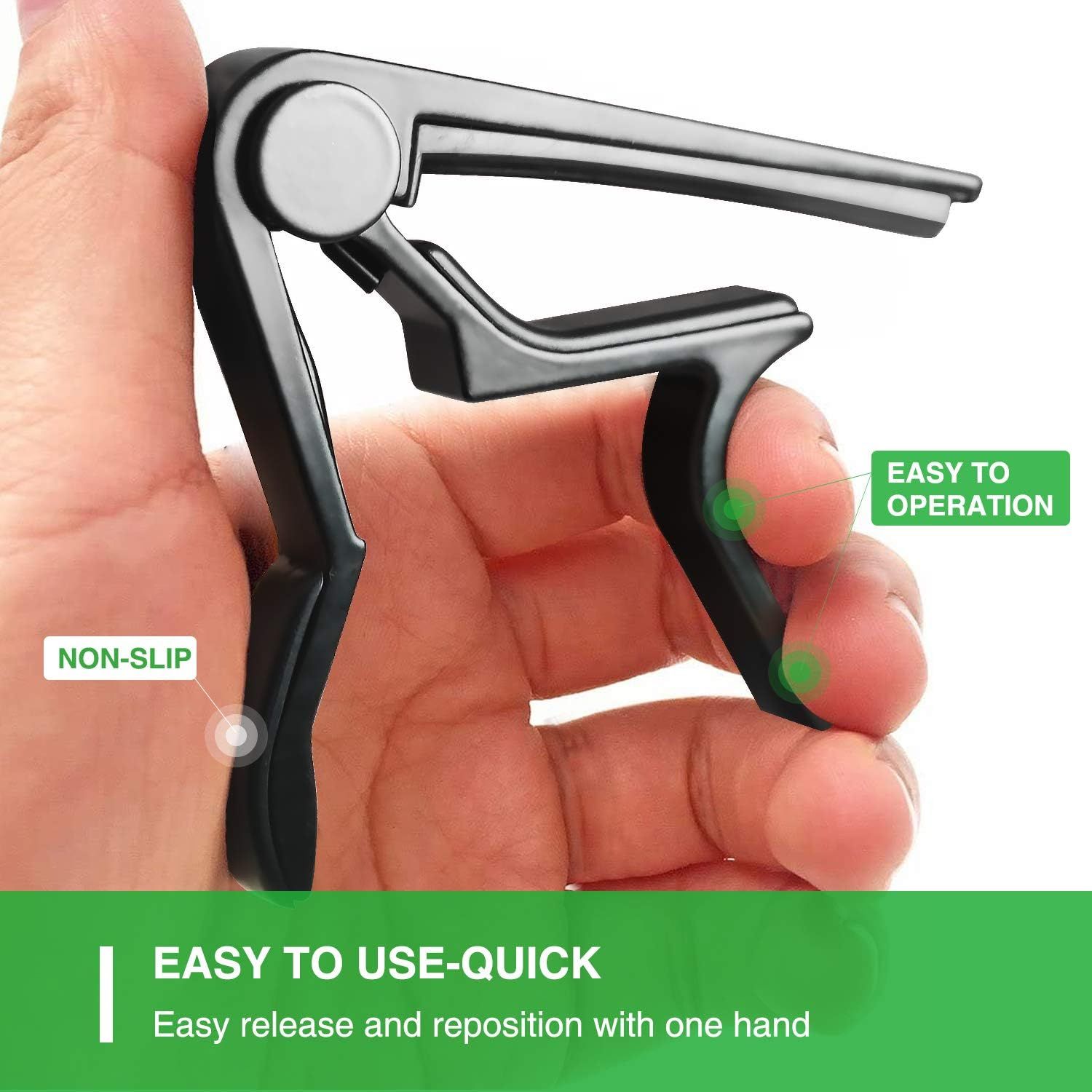 Showcases multiple benefits of the guitar capo including ease of operation, non-slip grip, and quick one-handed release and repositioning to reassure shoppers…