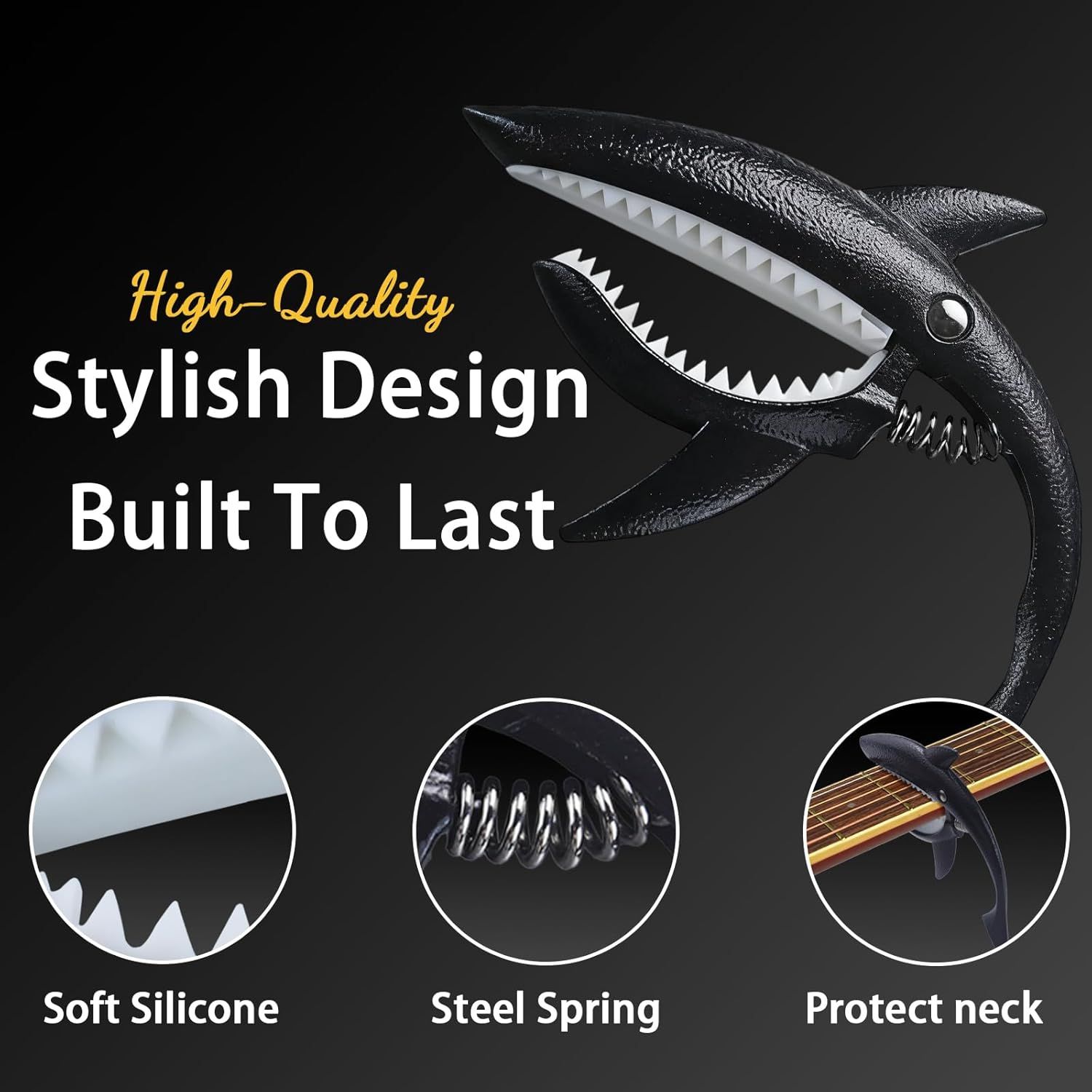 Communicates multiple selling points of the guitar capo including its stylish shark design, durable construction, soft silicone padding, steel spring…