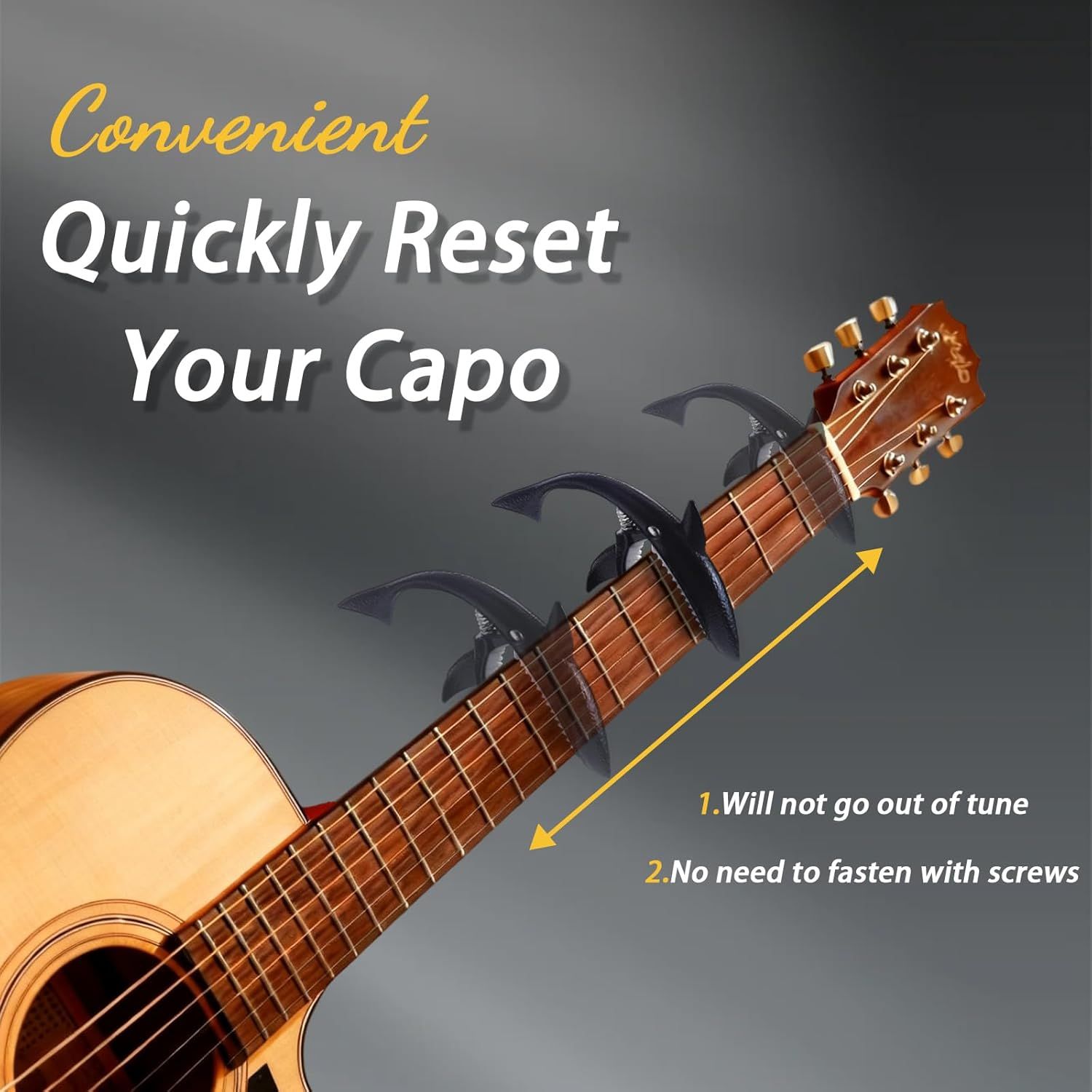 Communicates the convenience of the capo by highlighting two key benefits: it maintains tuning stability and requires no screws for fastening, making it easy…