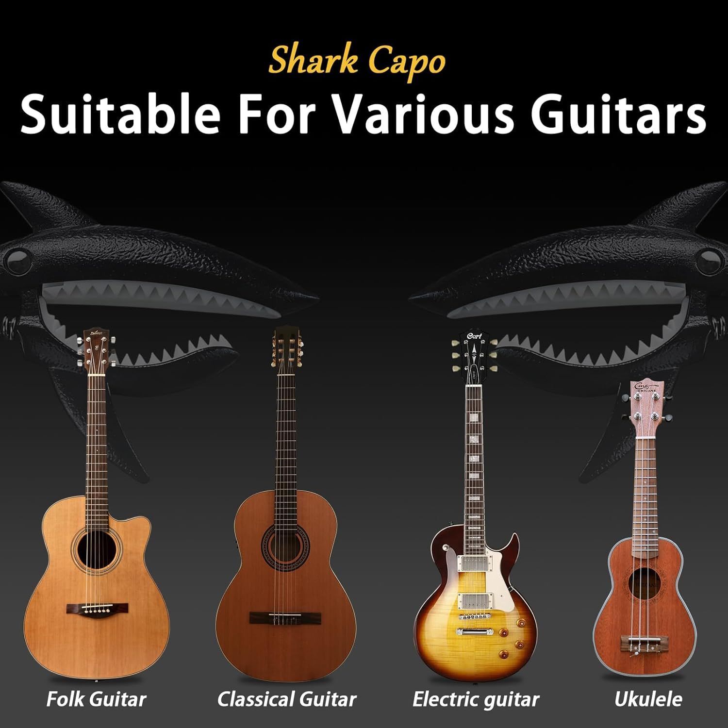 Demonstrates that the shark capo is compatible with multiple guitar types including folk, classical, electric, and ukulele to reassure shoppers of its versatility.