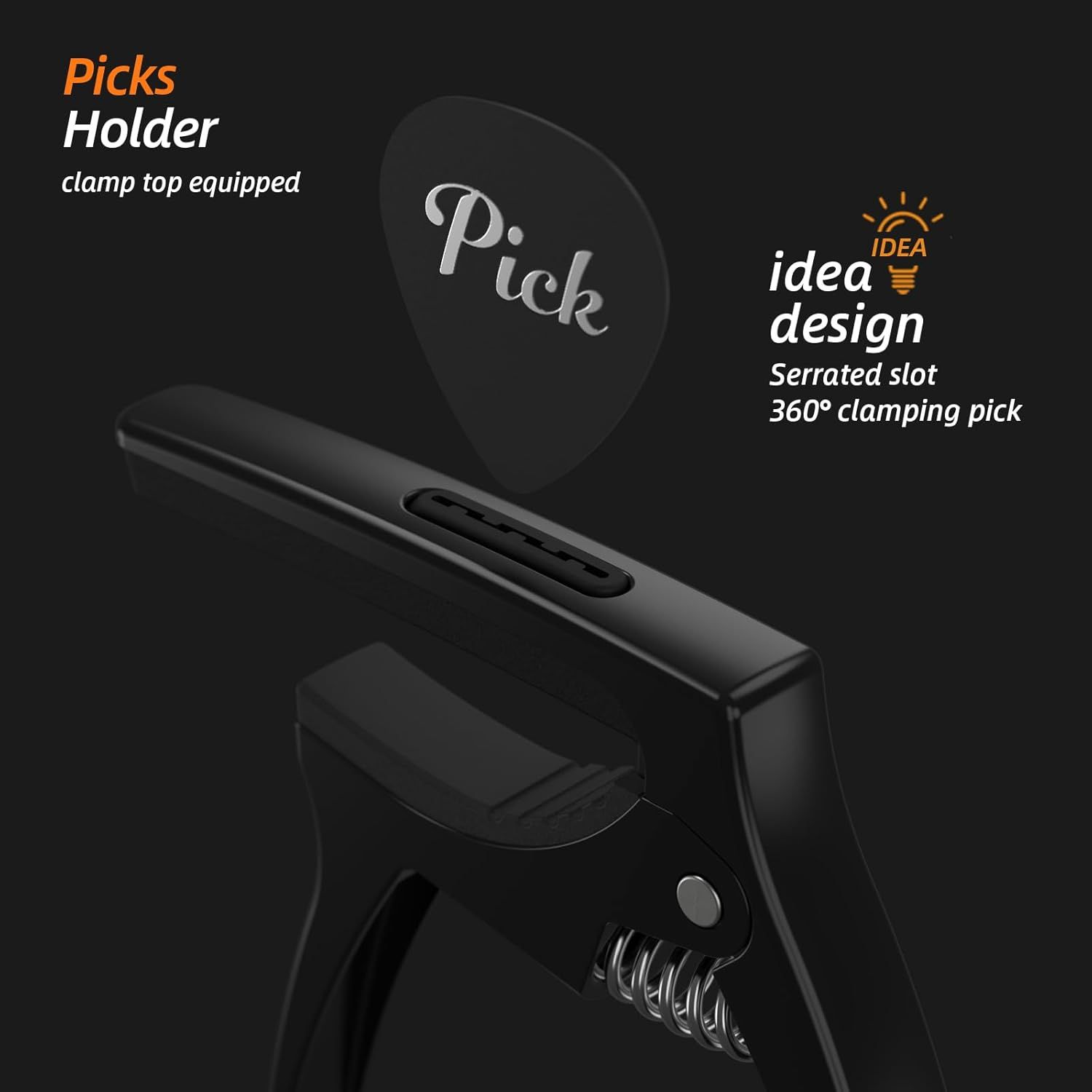 Highlights the innovative design feature of the picks holder with a serrated slot that allows 360-degree clamping of guitar picks, demonstrating the product's…