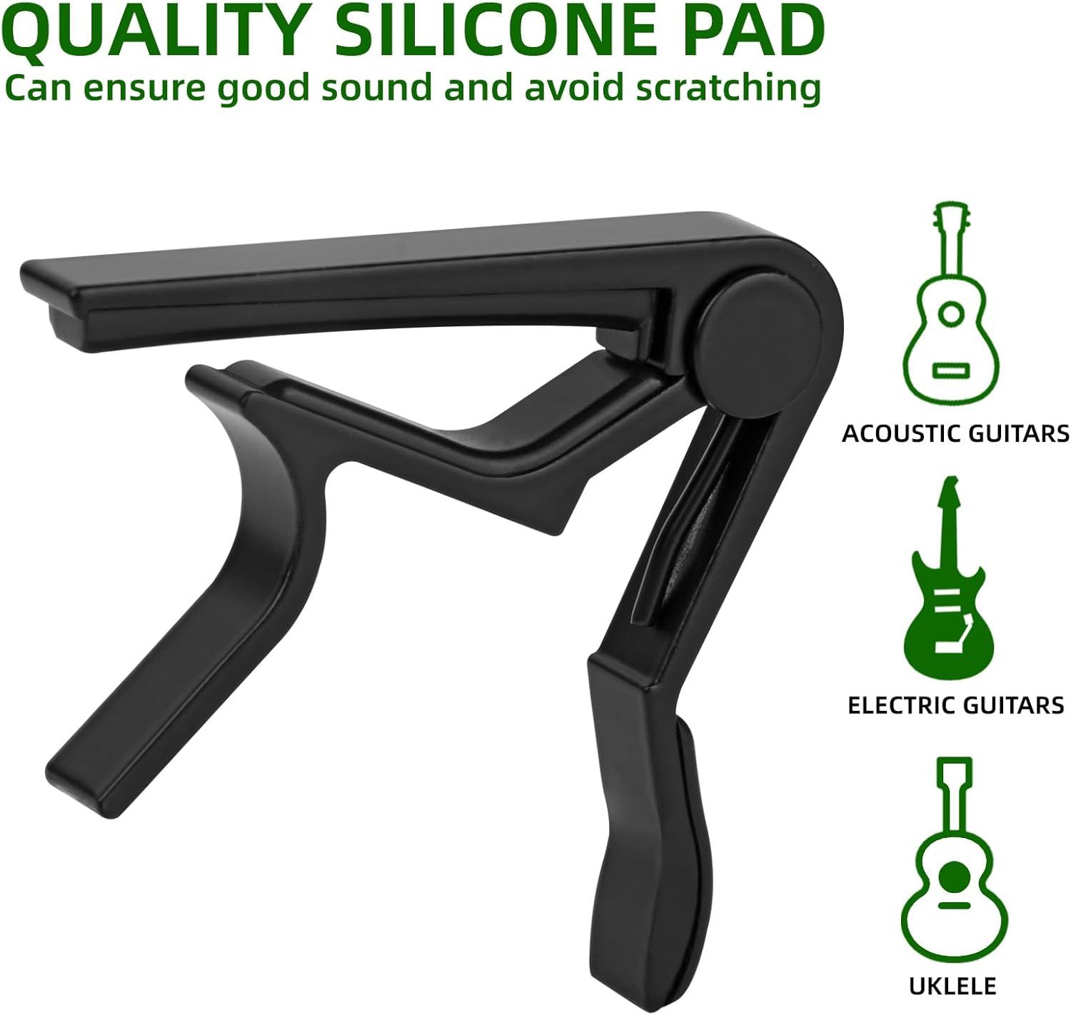 Communicates that the guitar capo features a quality silicone pad that ensures good sound and prevents scratching, while also showing compatibility with…