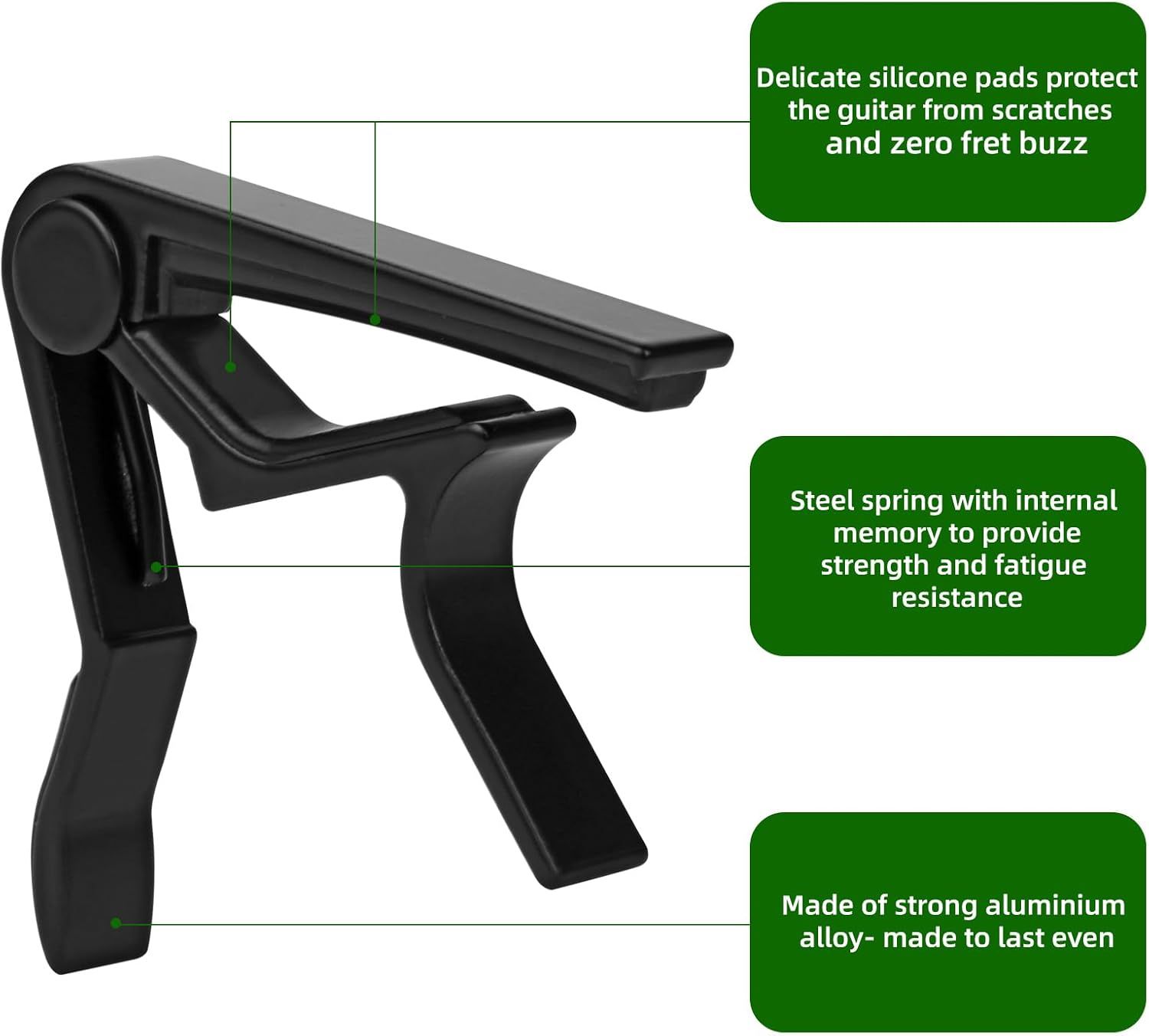 This image breaks down the guitar capo by highlighting specific structural and functional components with callouts, helping shoppers understand the quality…