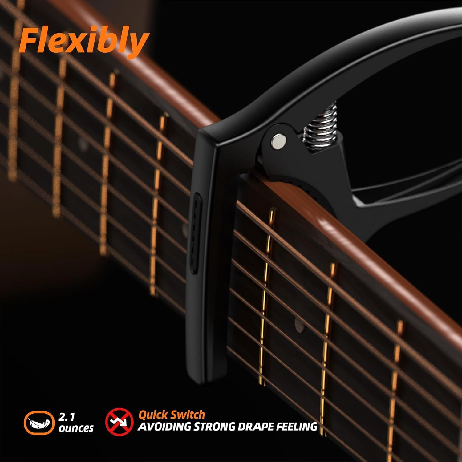 Showcases multiple benefits of the guitar capo including its flexible spring-loaded design, ultra-light weight, and quick-switch functionality to avoid strong…