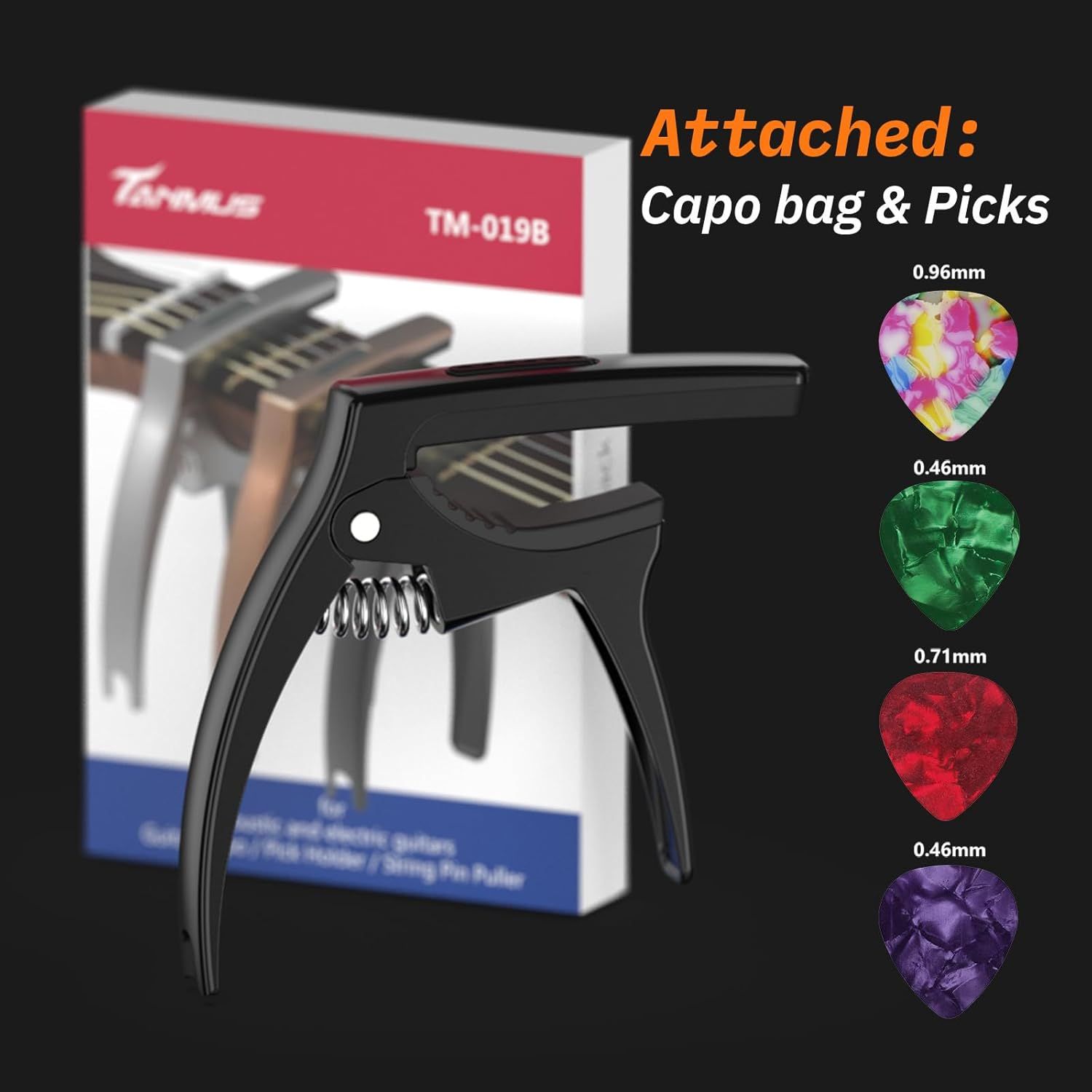 Shows the customer that the purchase includes bonus accessories: a protective capo bag and four guitar picks in different thicknesses.
