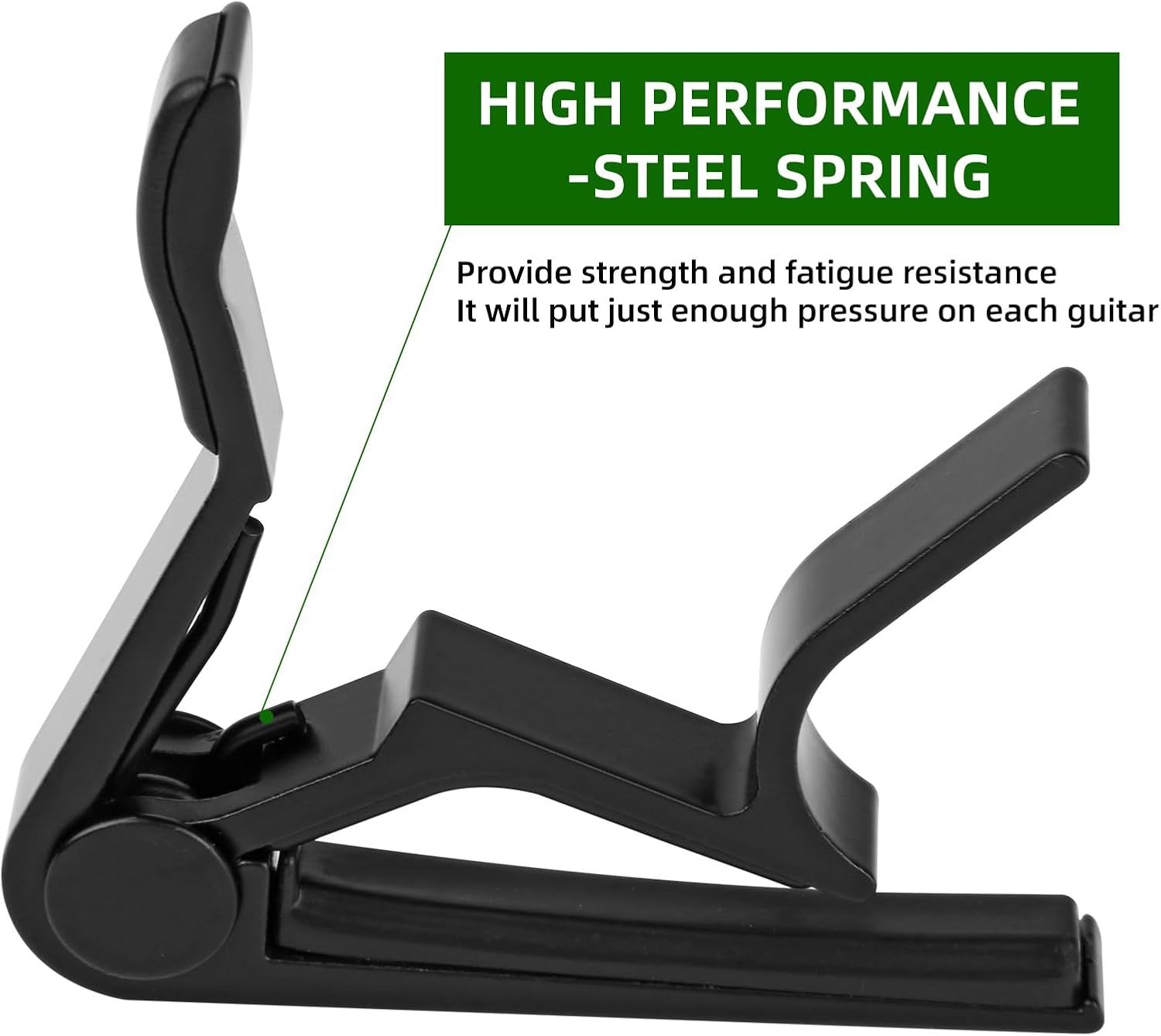 Highlights the steel spring material that provides strength and fatigue resistance, reassuring shoppers that the capo applies optimal pressure without…