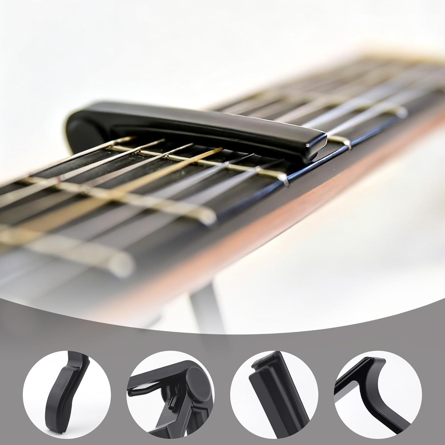 This image breaks down the guitar capo by showing the main product in context on guitar strings, with detailed circular callouts highlighting specific…