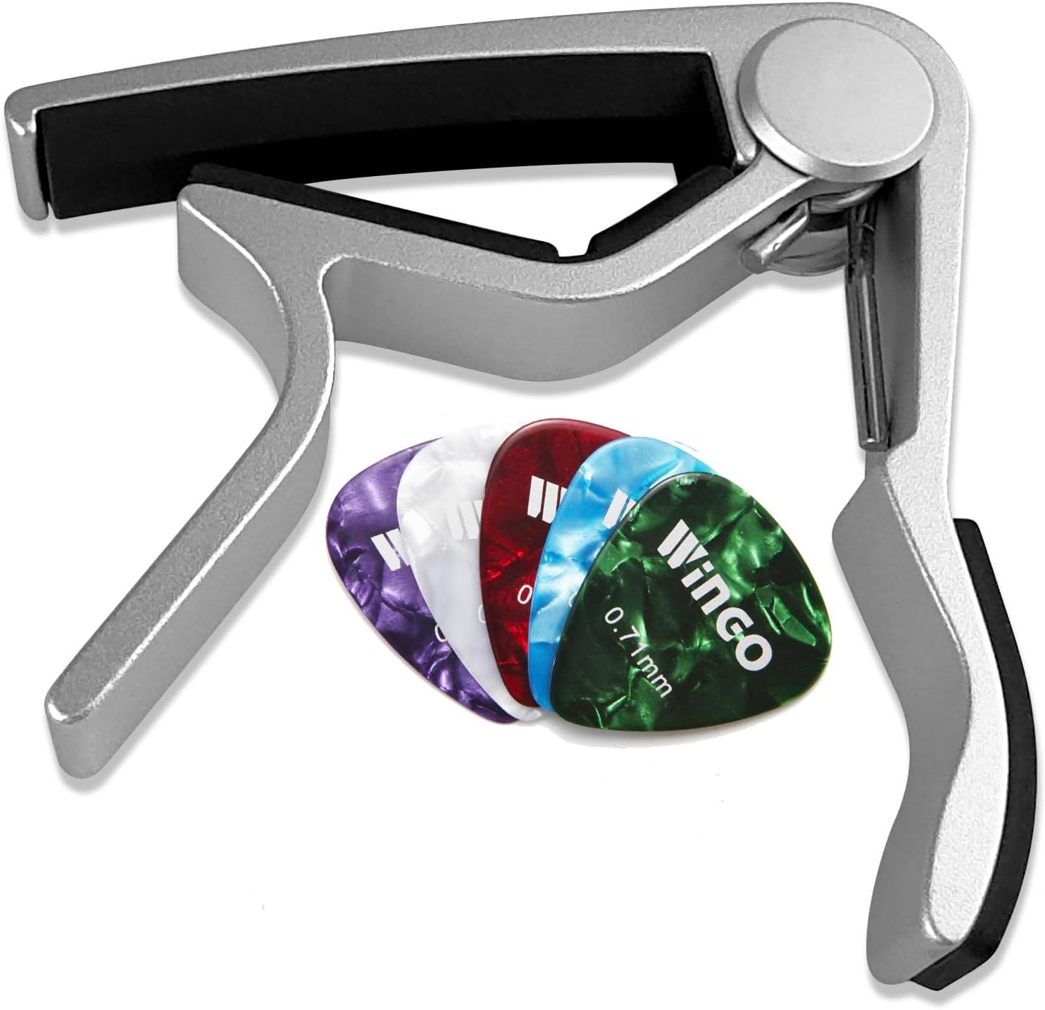 Shows the customer everything included in the purchase: a guitar capo and multiple colorful guitar picks, helping them understand the complete value of the…