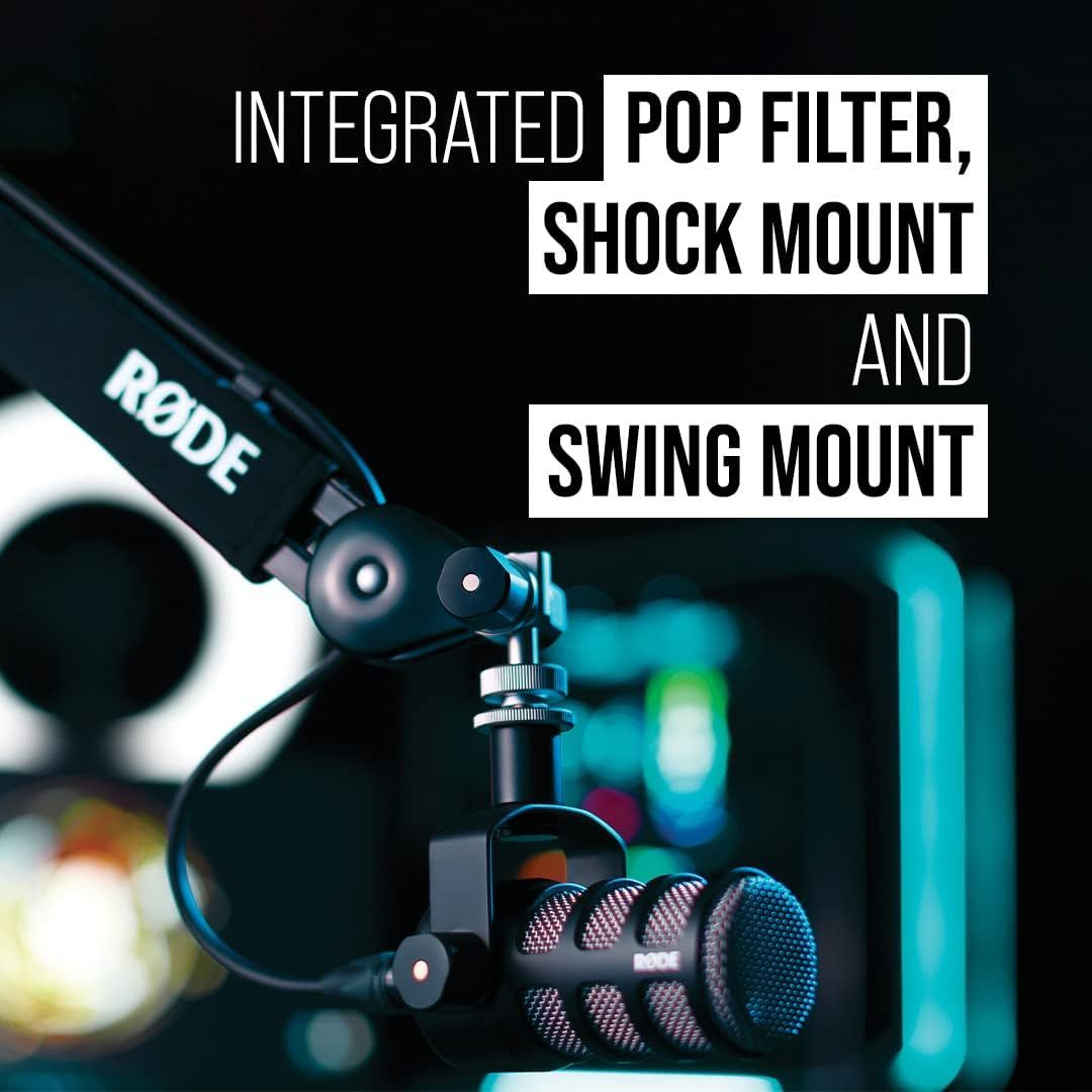 Highlights three integrated features of the microphone setup to show shoppers the comprehensive mounting and filtering capabilities included with the product.