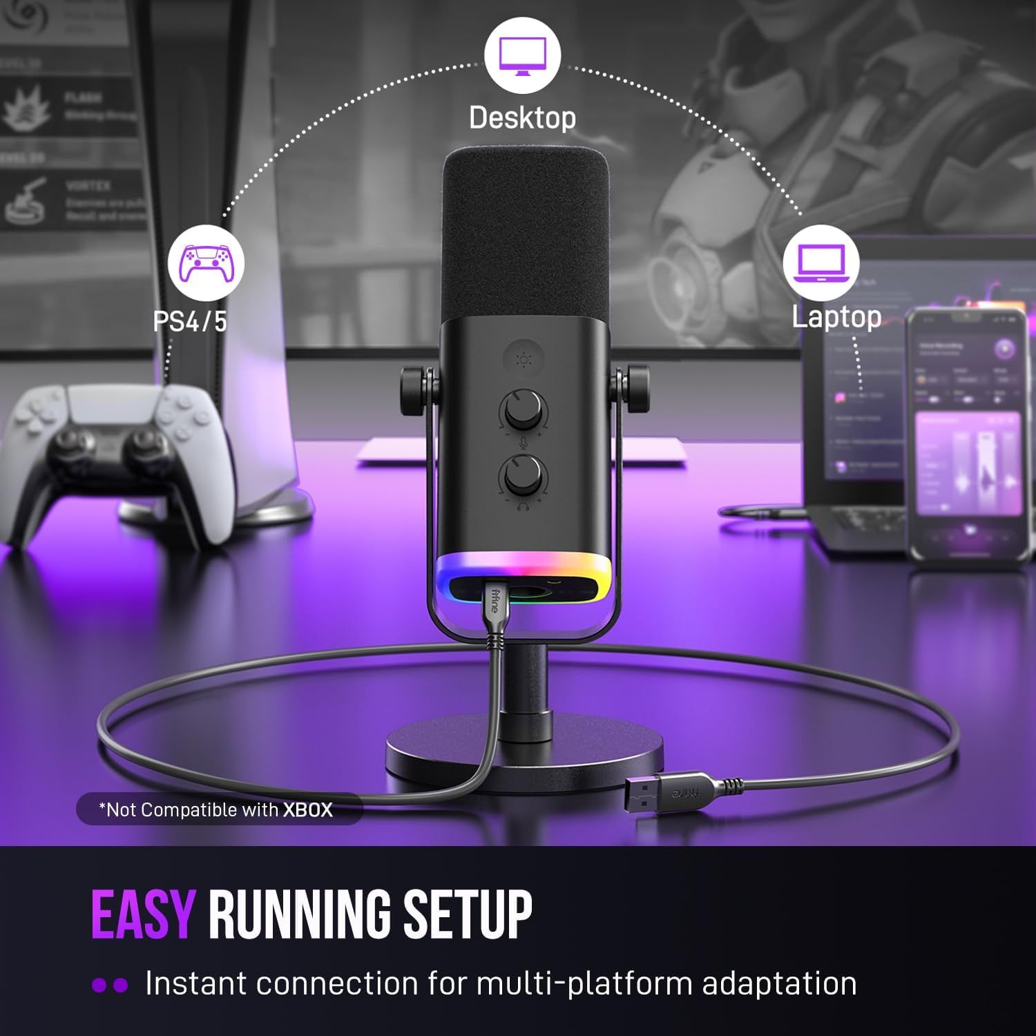 Demonstrates that the microphone is compatible with multiple devices including desktop computers, laptops, and PlayStation consoles, helping shoppers understand the versatility and ease of setup…