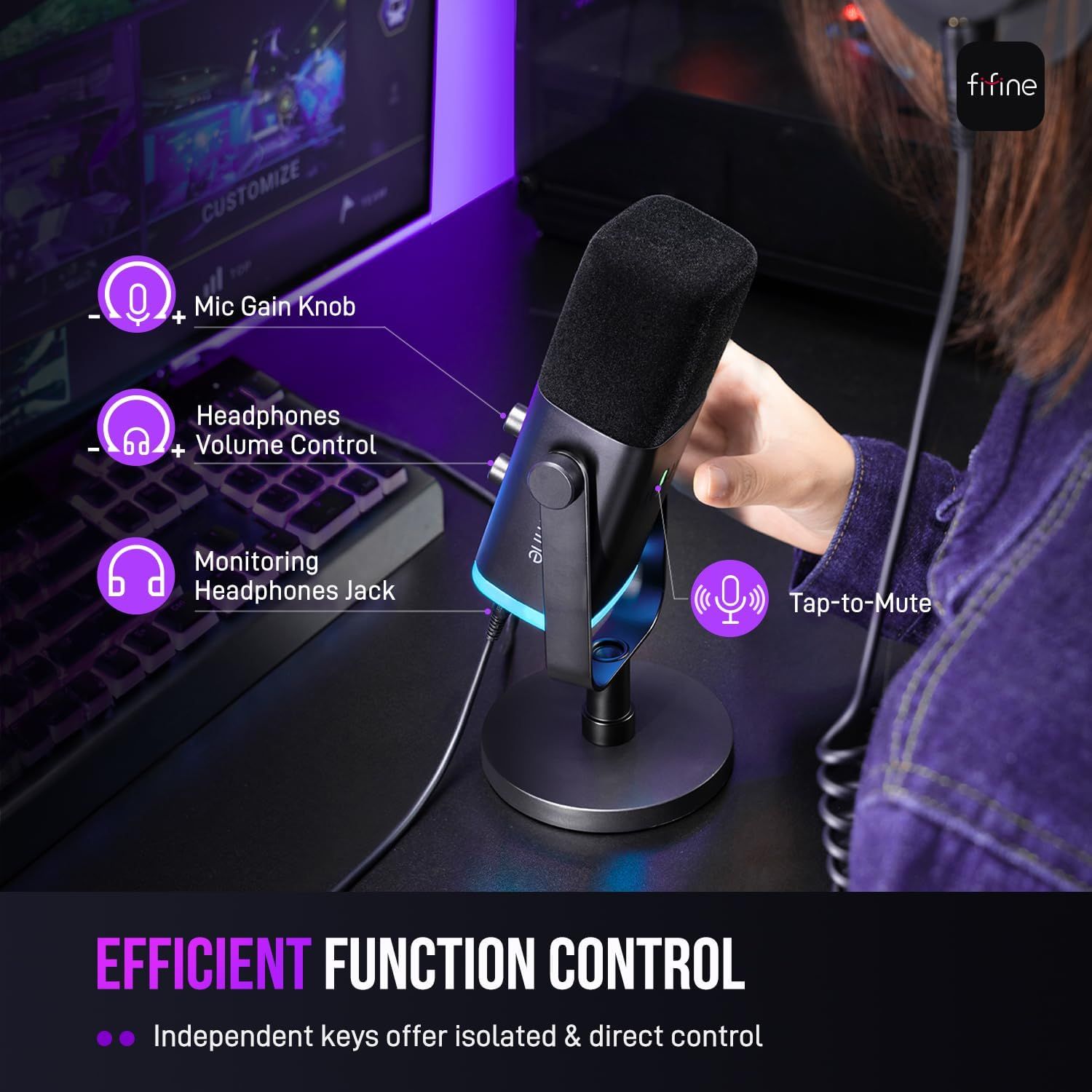 This image breaks down the microphone's control features by labeling specific functional components like the mic gain knob, headphone volume control, monitoring jack, and tap-to-mute functionality…