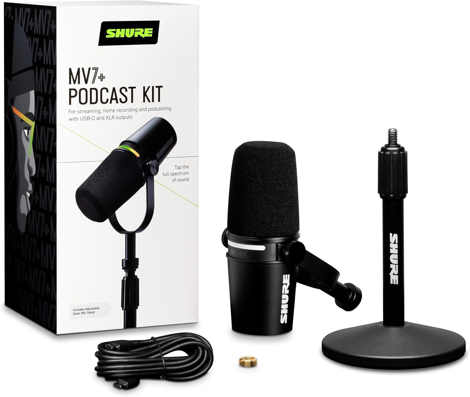 Shows everything included in the MV7+ Podcast Kit purchase, including the microphone, stand, cable, and accessories to help shoppers understand the full value…