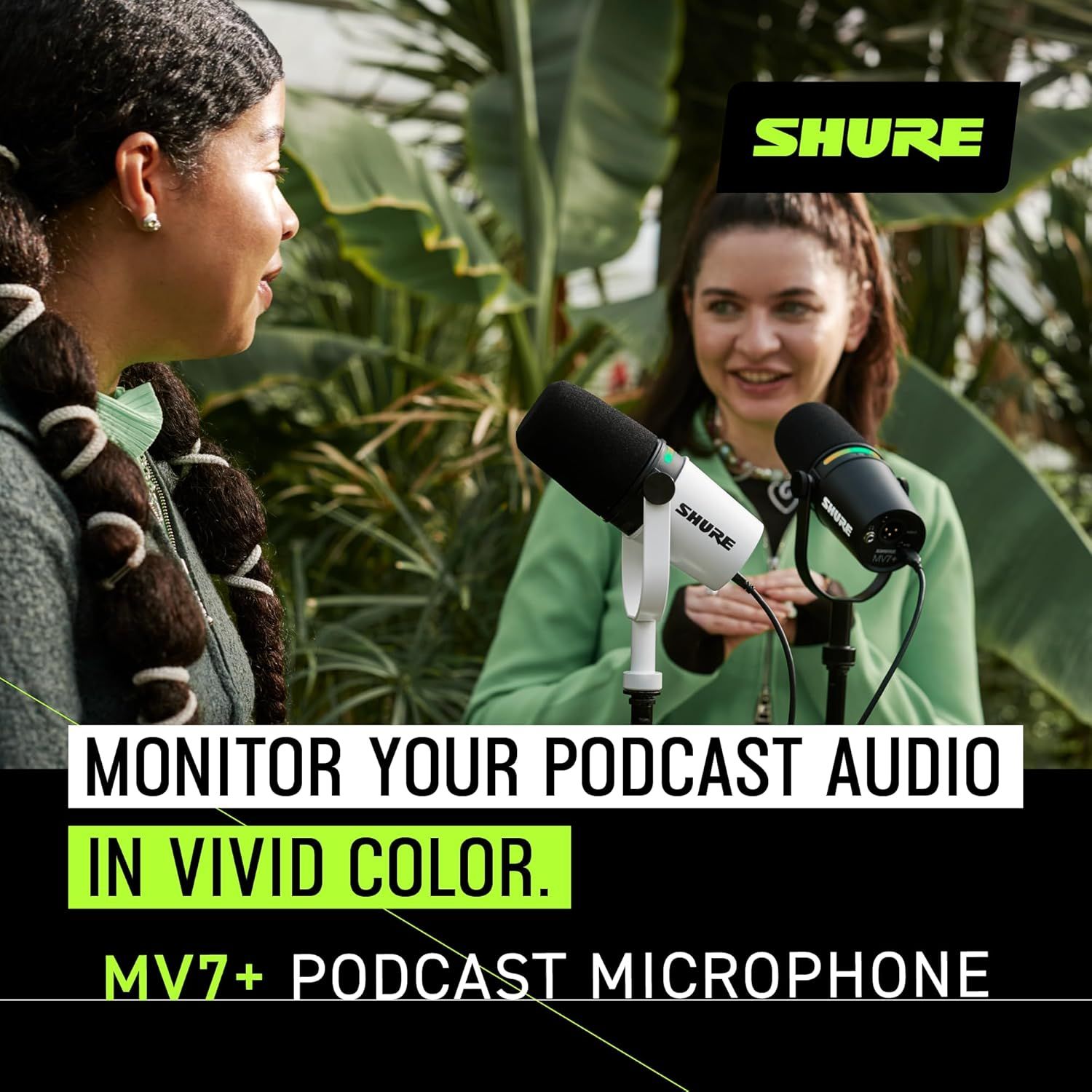 Communicates that the MV7+ podcast microphone allows users to monitor their audio with vivid color visual feedback, emphasizing enhanced audio control and…