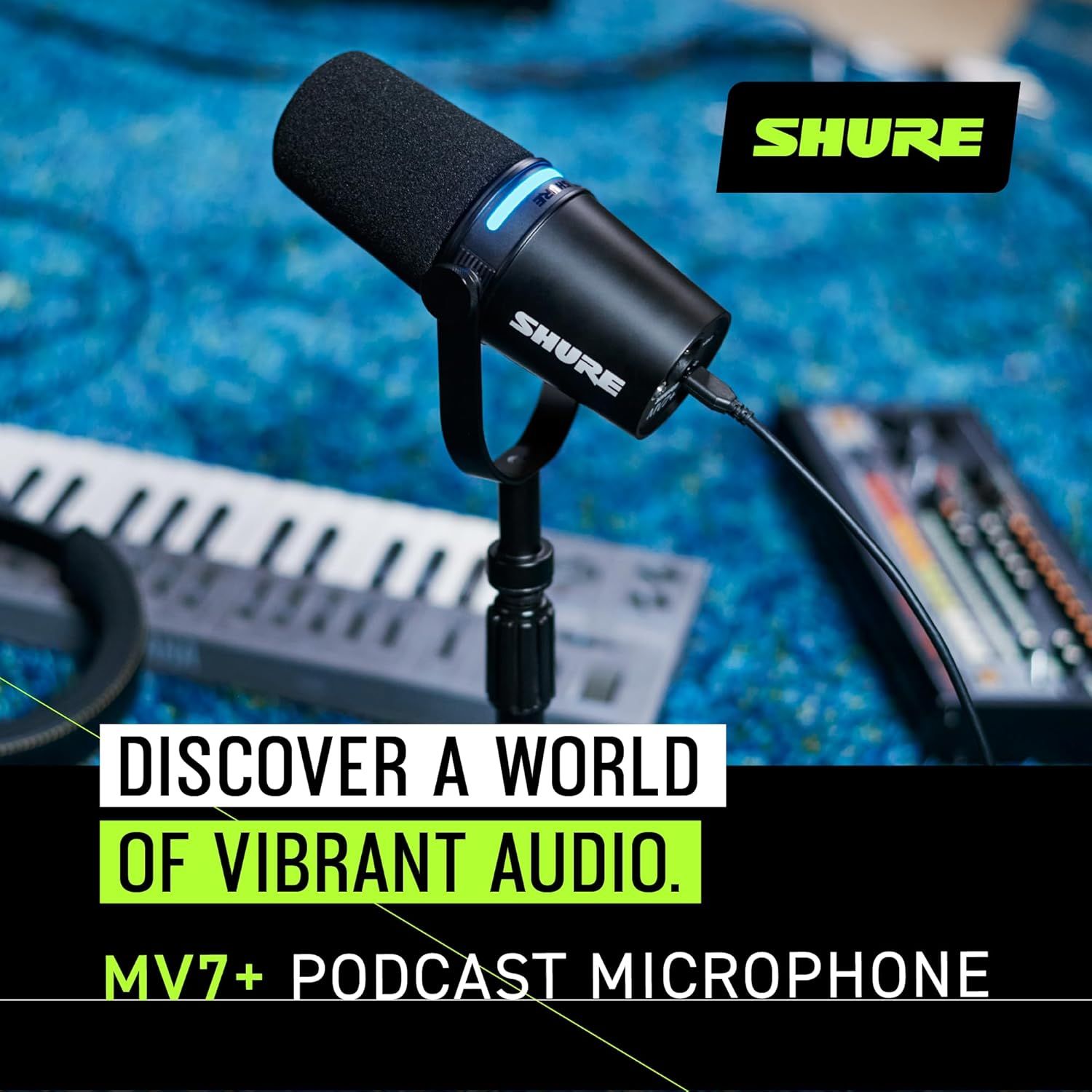 Emphasizes the Shure brand and creates an emotional connection through aspirational messaging about vibrant audio, positioning the MV7+ podcast microphone as a premium choice.