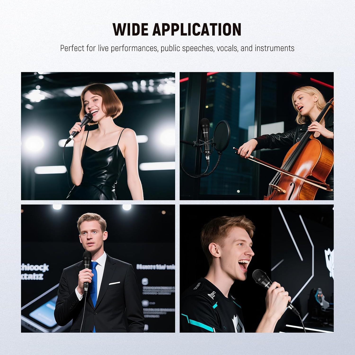 Demonstrates the versatility of the product by showing it being used across multiple professional scenarios including live singing, instrumental performance, public speaking, and studio recording.