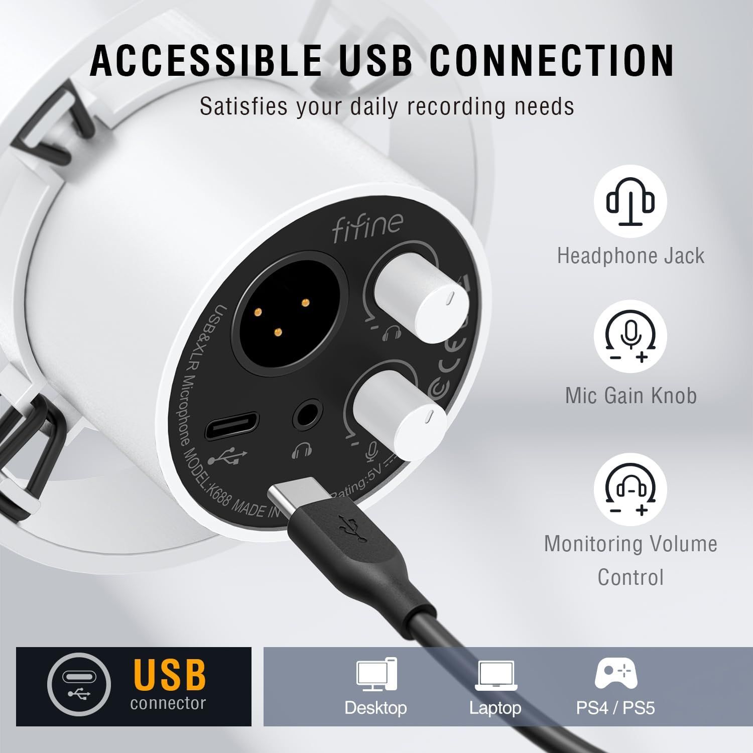 This image breaks down the USB connection panel of the microphone, highlighting key functional components like the headphone jack, mic gain knob, and monitoring volume control to help shoppers…