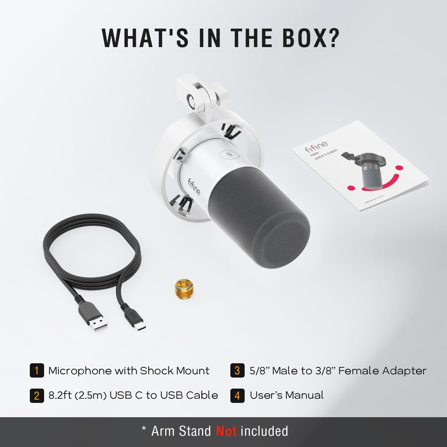 Shows everything included in the box so shoppers know exactly what they will receive with their purchase, including the microphone, shock mount, USB cable,…