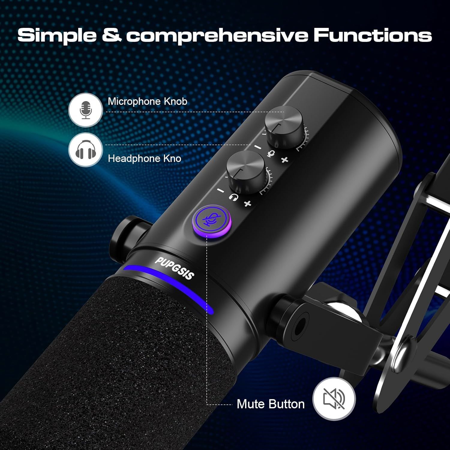 This image breaks down the microphone's key controls and features with labeled callouts to help shoppers understand the physical layout and functionality of…