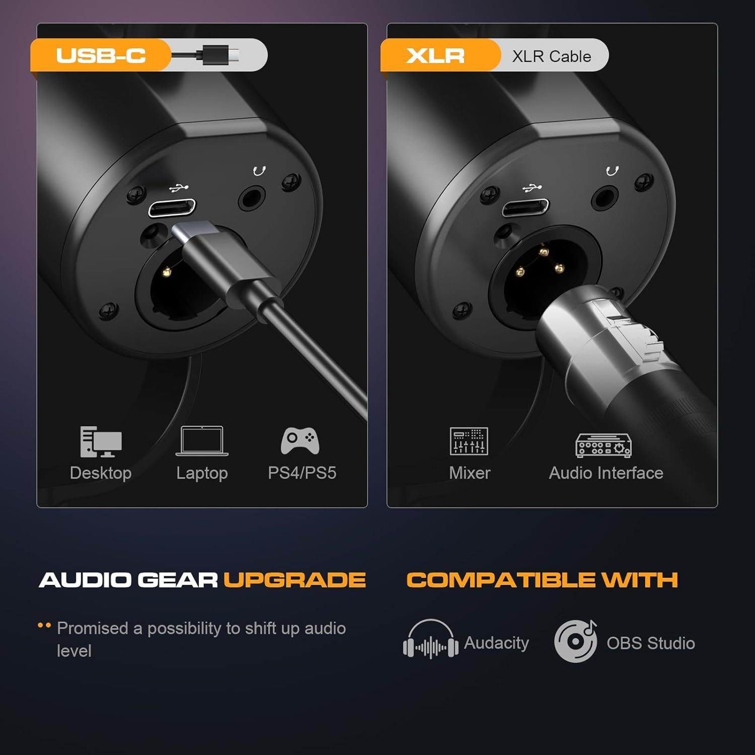 Demonstrates that the product is compatible with multiple connection types (USB-C for desktop, laptop, PS4/PS5 and XLR for mixer and audio interface) and works with popular audio software like…