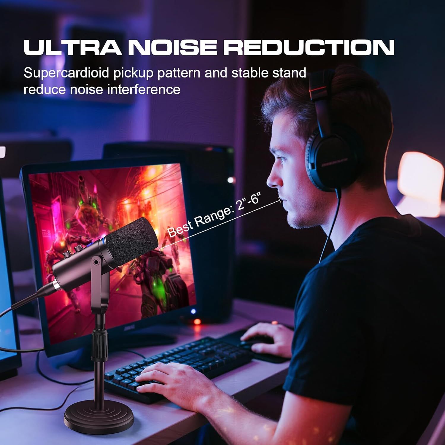 Communicates that the microphone features ultra noise reduction technology with a supercardioid pickup pattern and stable stand to minimize background noise…