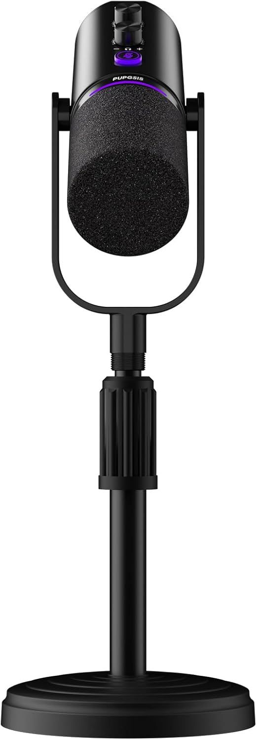 Shows the full microphone setup on a stand to help shoppers visualize the product in a real-world recording or streaming environment.