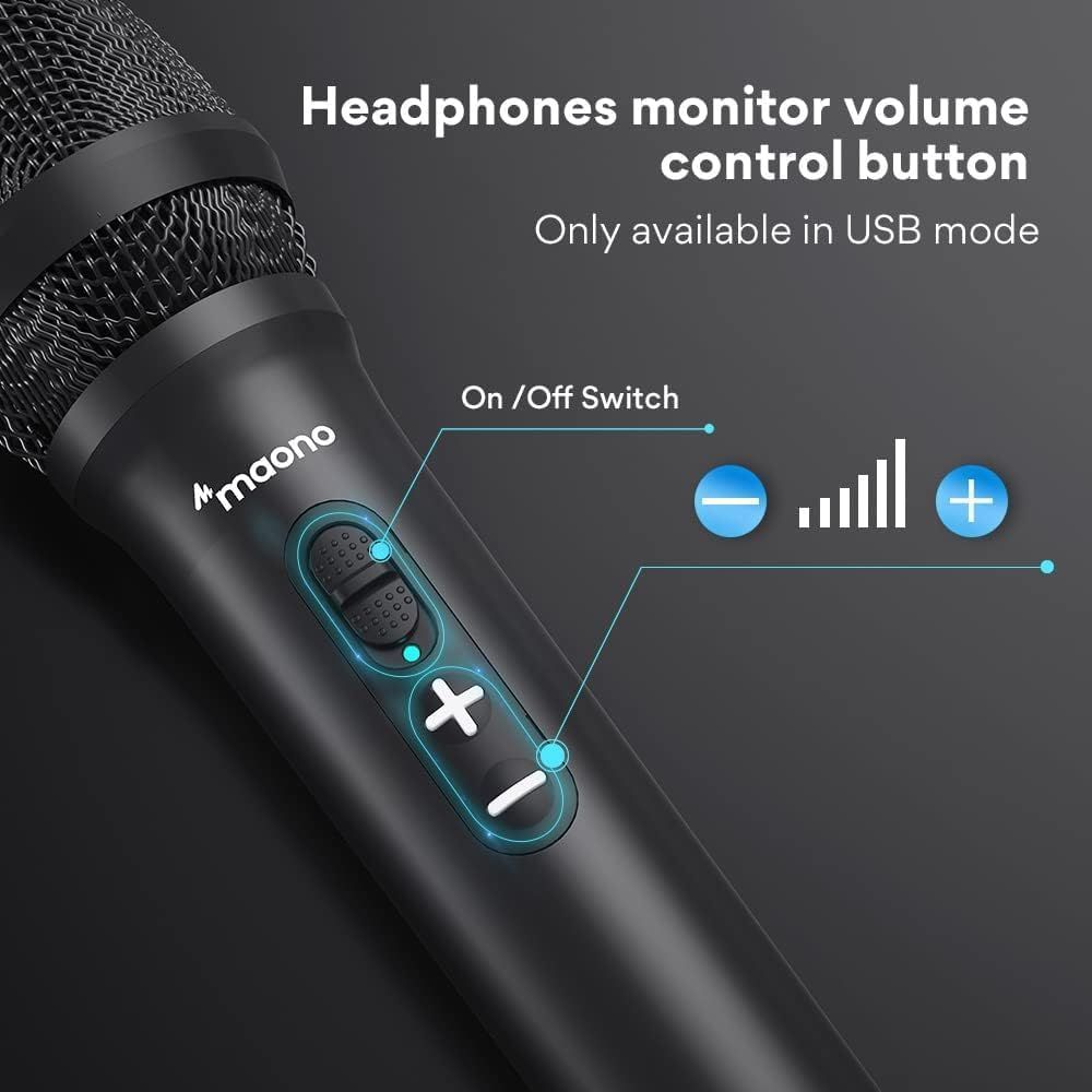 Highlights the specific control buttons on the microphone, showing users where the on/off switch and volume controls are located and how they function.
