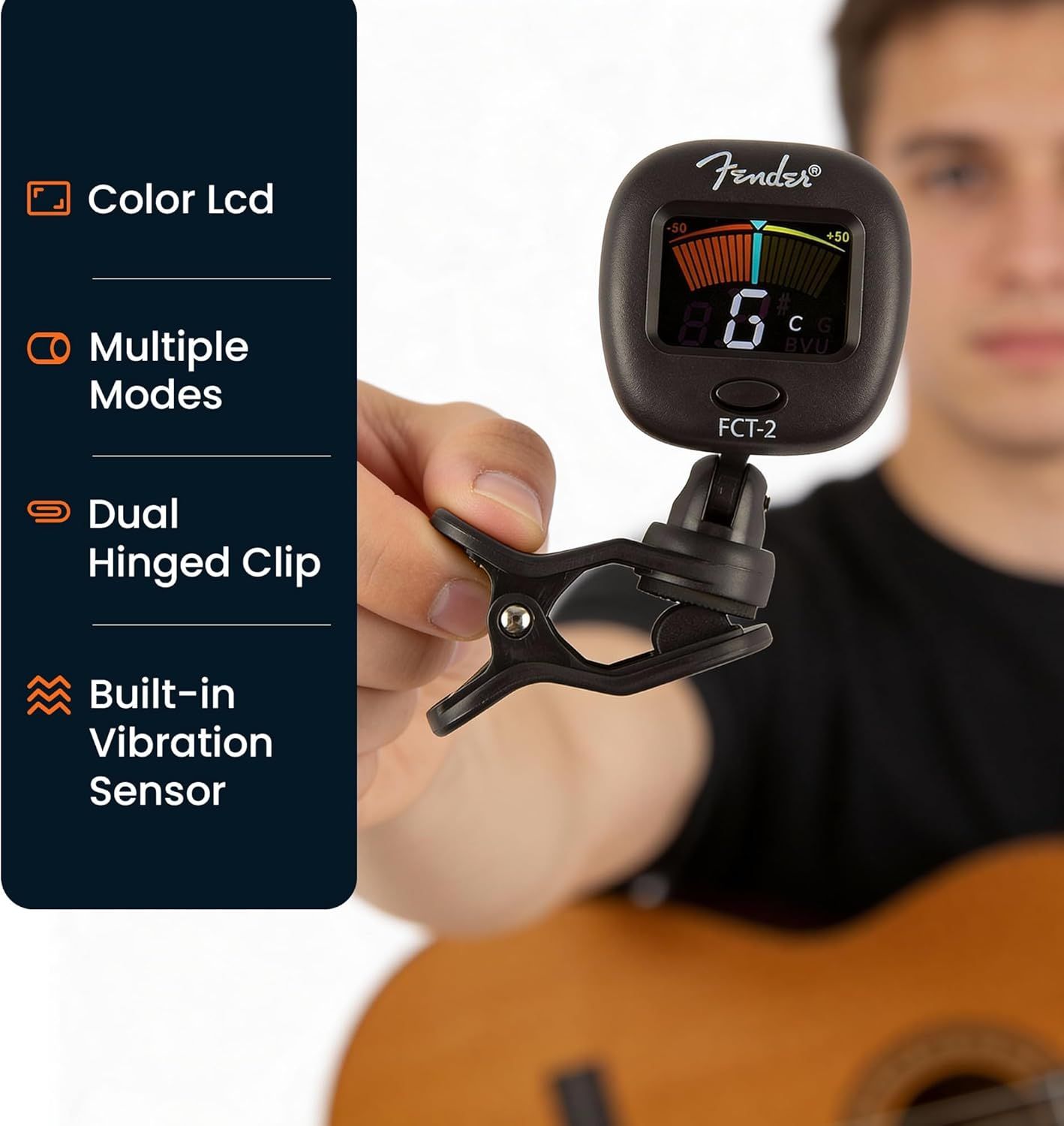 Showcases four key features of the Fender guitar tuner to demonstrate its versatility and functionality, helping shoppers understand multiple selling points in one image.