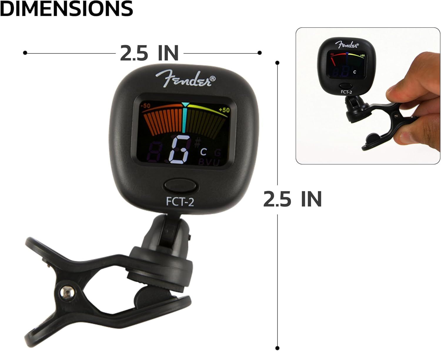 Communicates the exact physical size of the guitar tuner (2.5 inches in both width and height) to help shoppers understand how compact the device is.