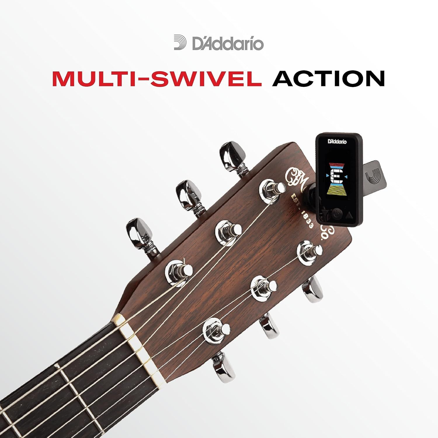 Highlights the multi-swivel action feature of the guitar tuner, demonstrating how it can rotate and adjust for optimal viewing and positioning on the guitar headstock.