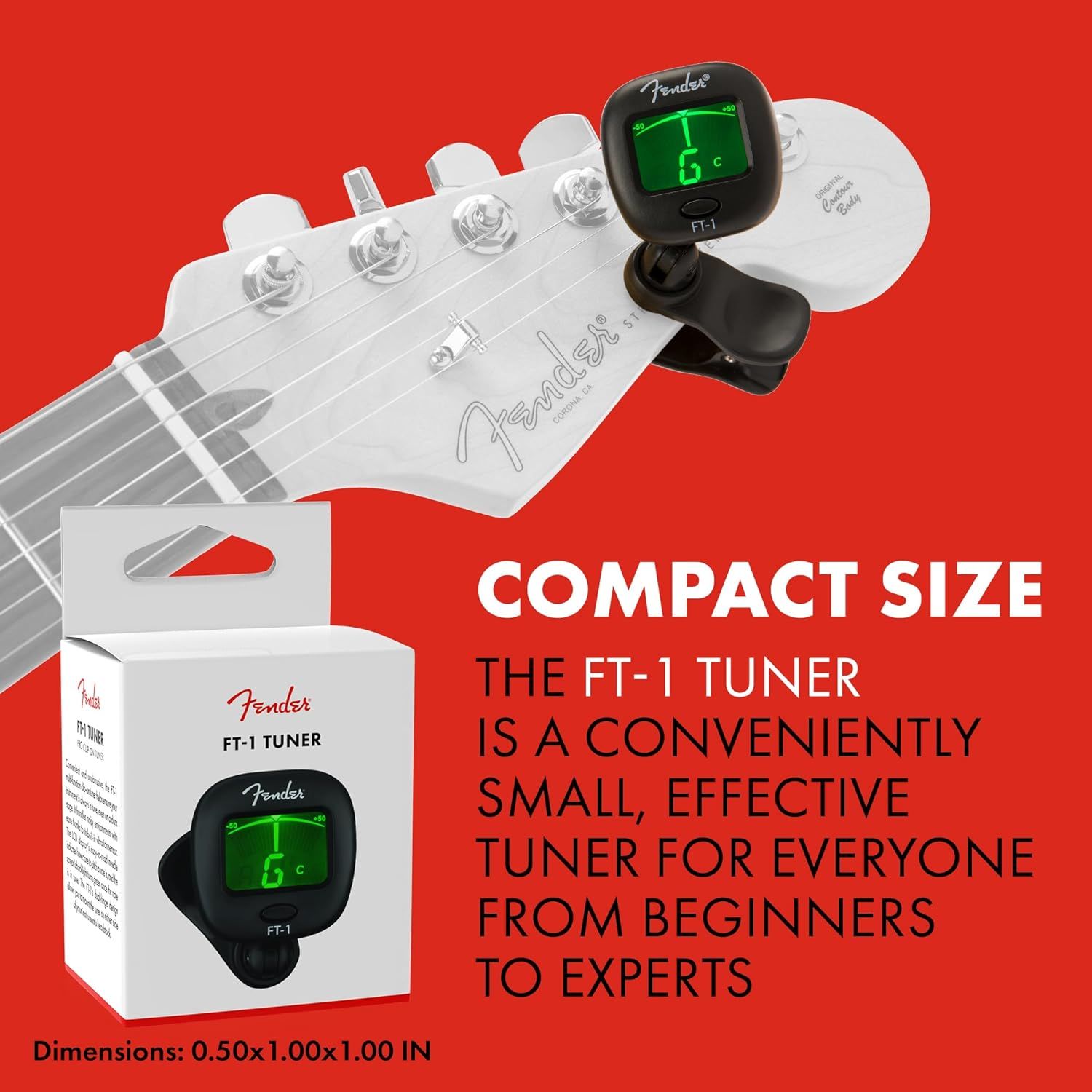 Communicates that the FT-1 tuner is conveniently small and portable, making it suitable for musicians of all skill levels from beginners to experts.