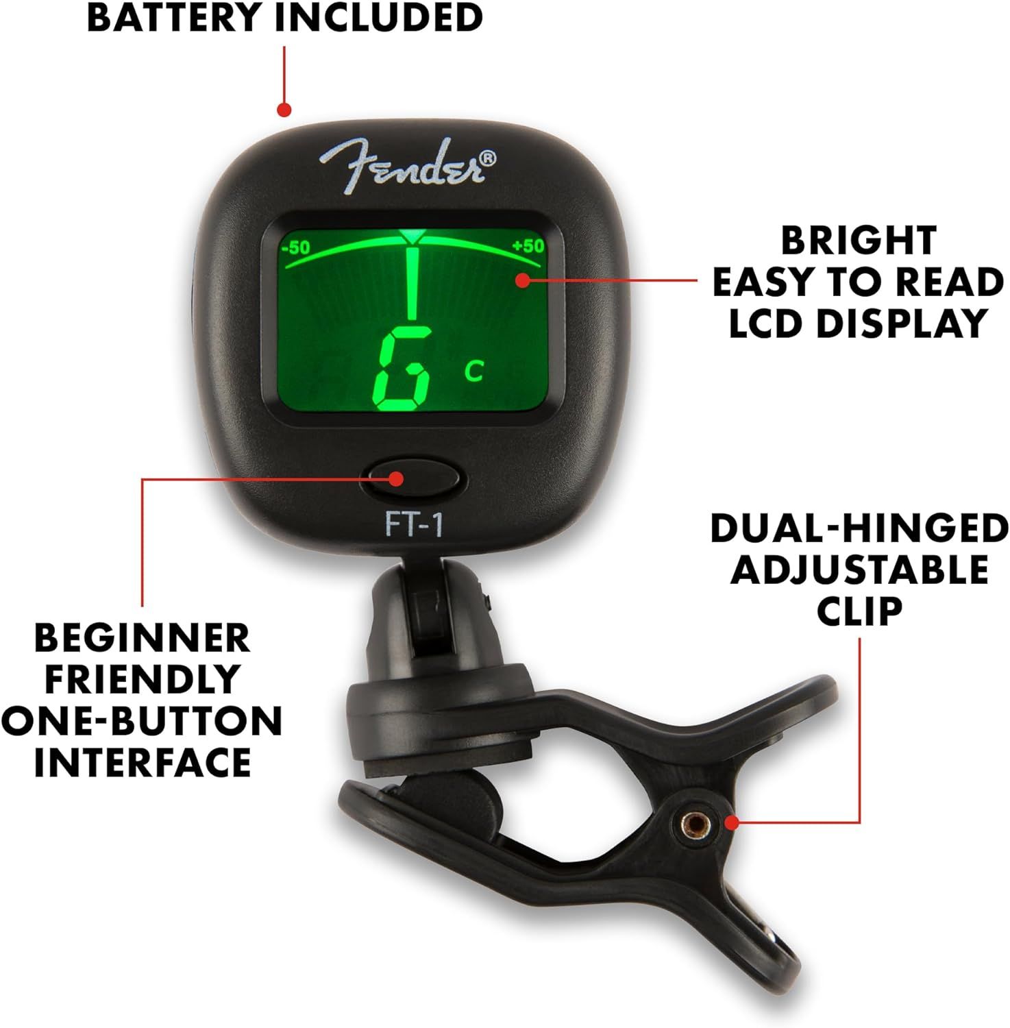 This image breaks down the key physical features and components of the guitar tuner to help shoppers understand its functionality and ease of use.