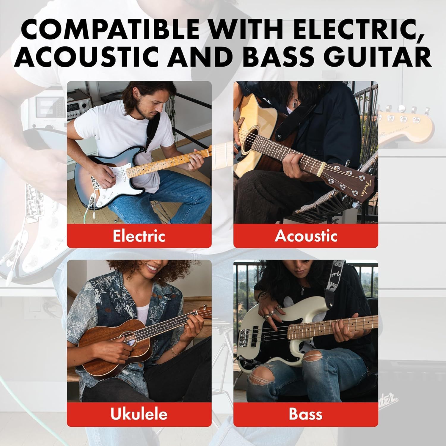 Demonstrates that the product works with multiple types of stringed instruments including electric, acoustic, bass guitar, and ukulele to reassure shoppers of its versatility.