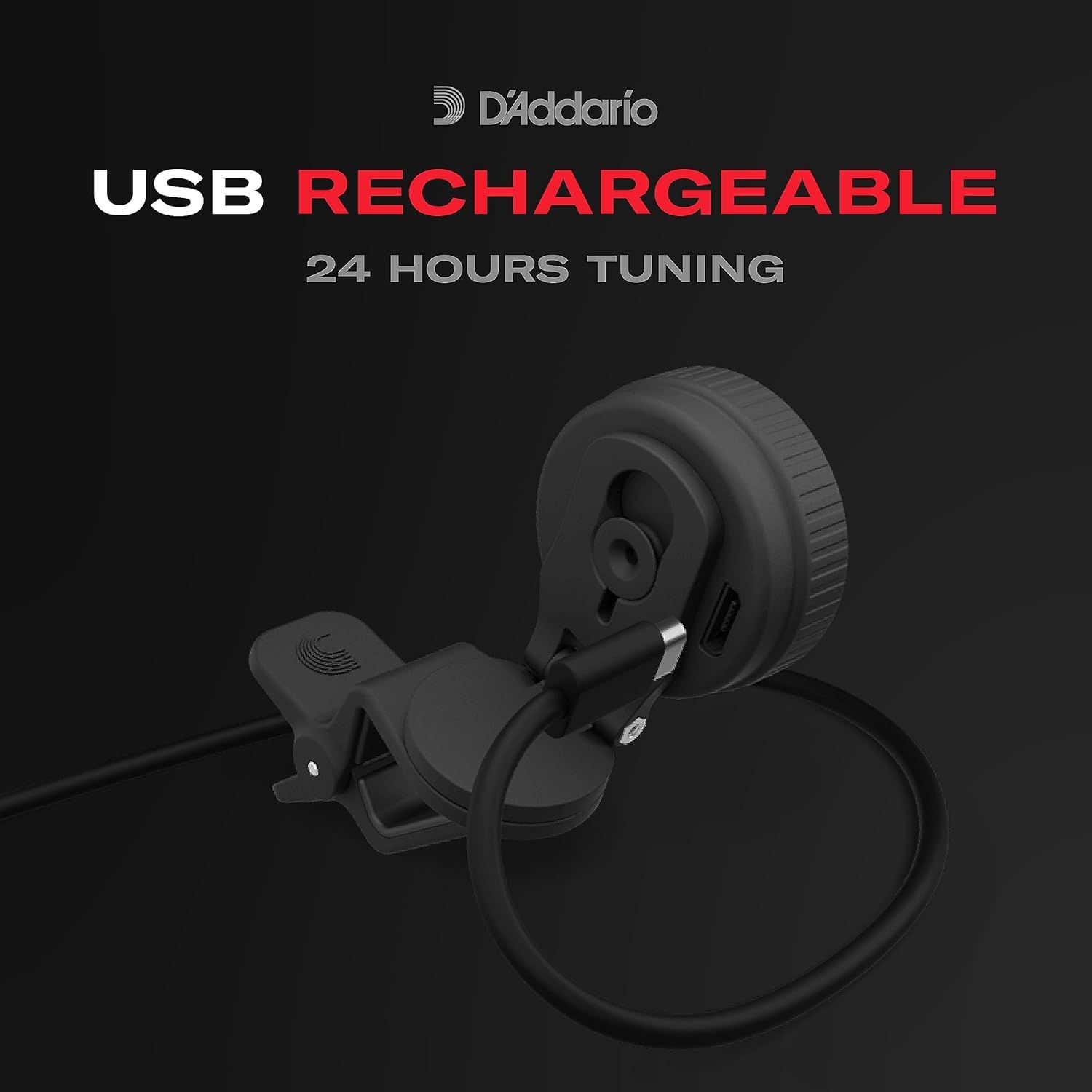 Communicates that the product is USB rechargeable and offers 24 hours of tuning capability, emphasizing convenience and long battery life for musicians.