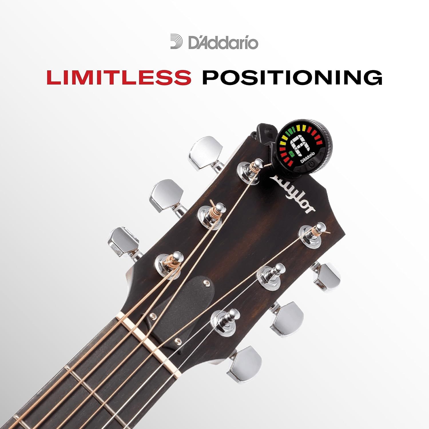 Communicates that the tuner can be positioned anywhere on the guitar headstock for flexible and convenient tuning.