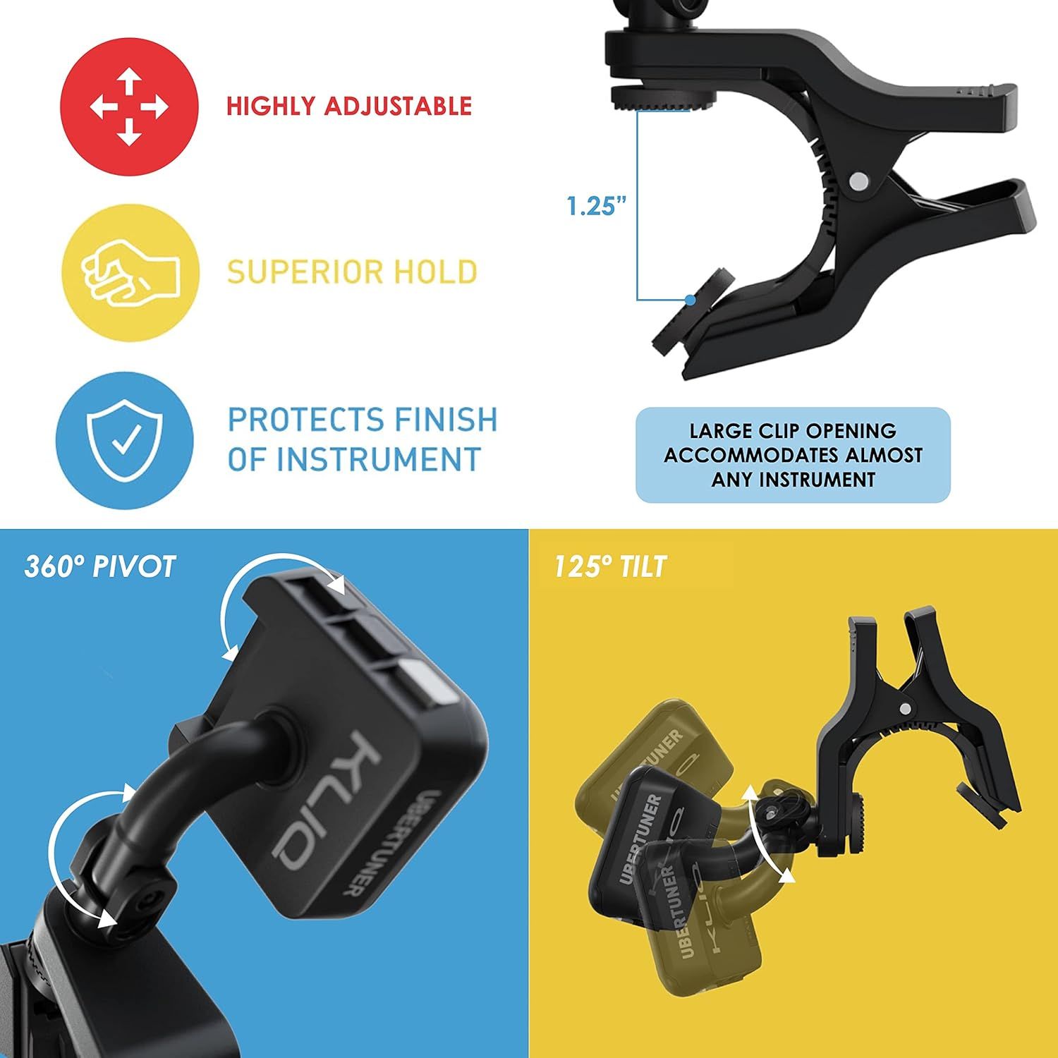 Showcases multiple key features of the instrument clip mount including adjustability, secure grip, protective design, rotation capabilities, and wide compatibility to demonstrate its versatility and…