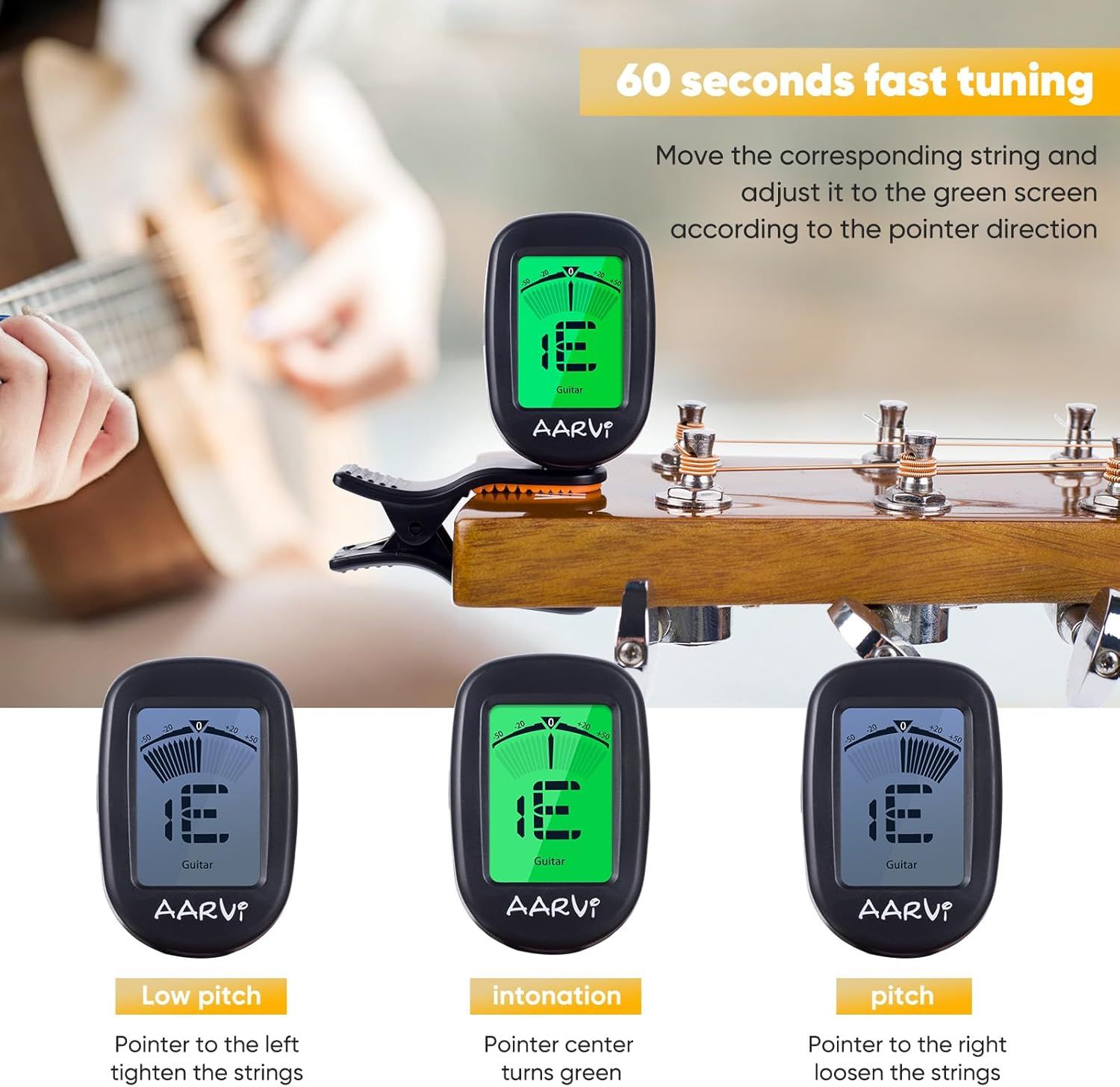 Explains how to use the guitar tuner by showing the visual indicators and what actions to take based on the screen display to achieve proper tuning in 60 seconds.