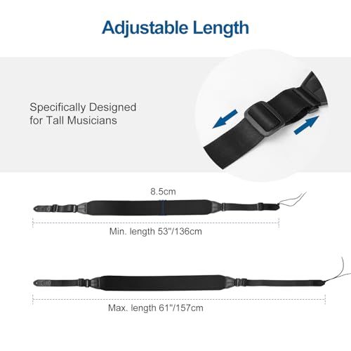 Communicates that the strap is adjustable to fit tall musicians, showing minimum and maximum length measurements to help shoppers understand the range of adjustability.