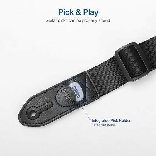 Highlights the integrated pick holder feature on the guitar strap, showing shoppers that guitar picks can be conveniently stored and accessed during use.