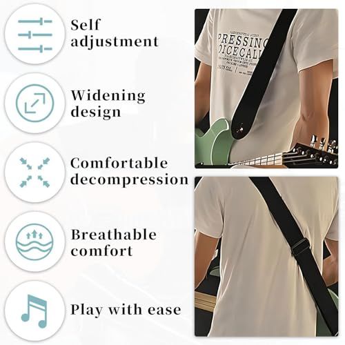 Showcases five distinct features of the guitar strap to demonstrate its versatility, comfort, and ease of use for musicians.