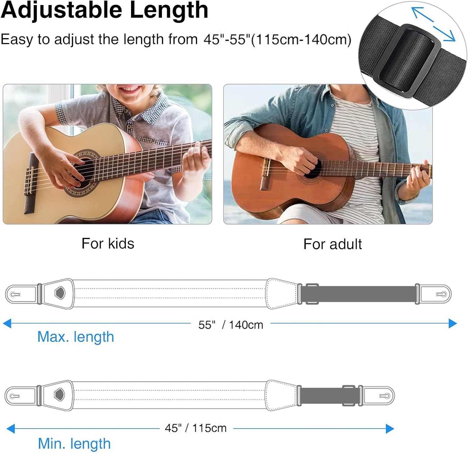 Communicates that the guitar strap is adjustable from 45 to 55 inches, making it suitable for both kids and adults.