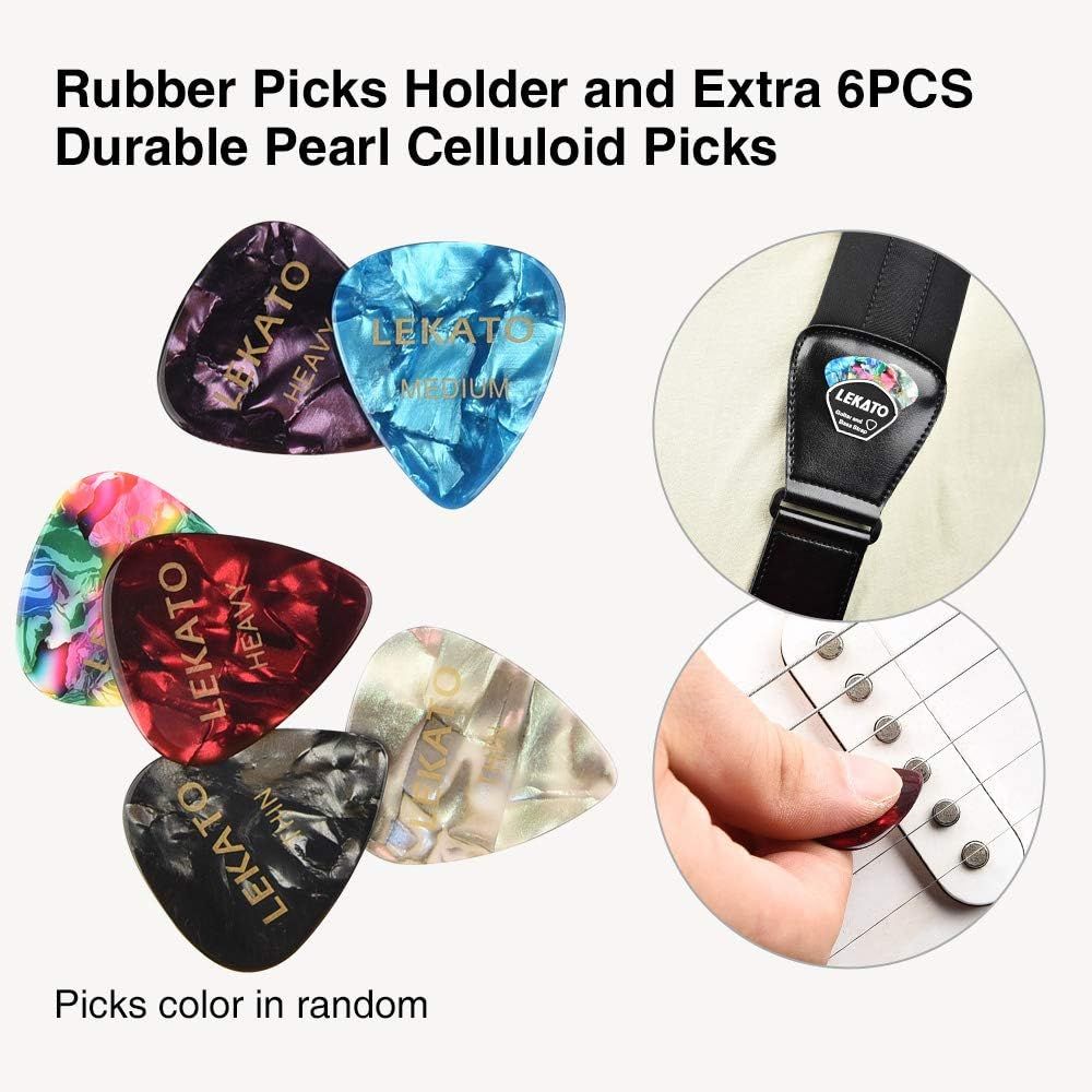 Shows everything included in the purchase: a rubber picks holder and 6 durable pearl celluloid guitar picks in various colors to help shoppers understand the complete package contents.