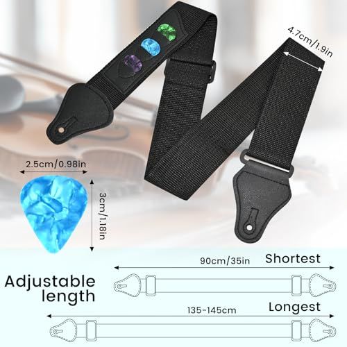 Provides detailed measurements of the guitar strap including width, adjustable length range, and uses a guitar pick as a scale reference to help shoppers understand the exact physical dimensions…
