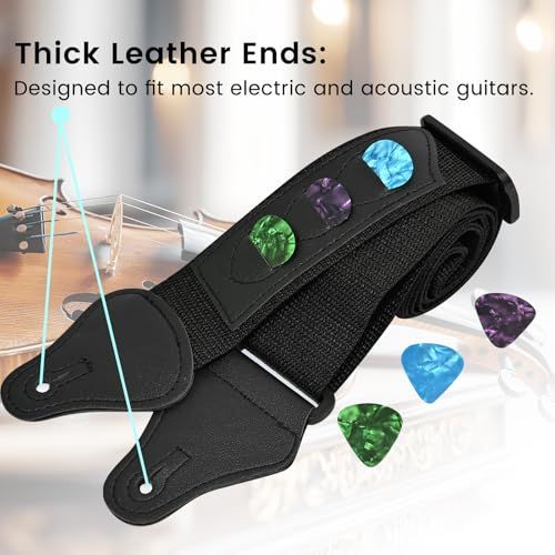 Highlights the thick leather ends of the guitar strap to communicate durability and universal compatibility with most electric and acoustic guitars.